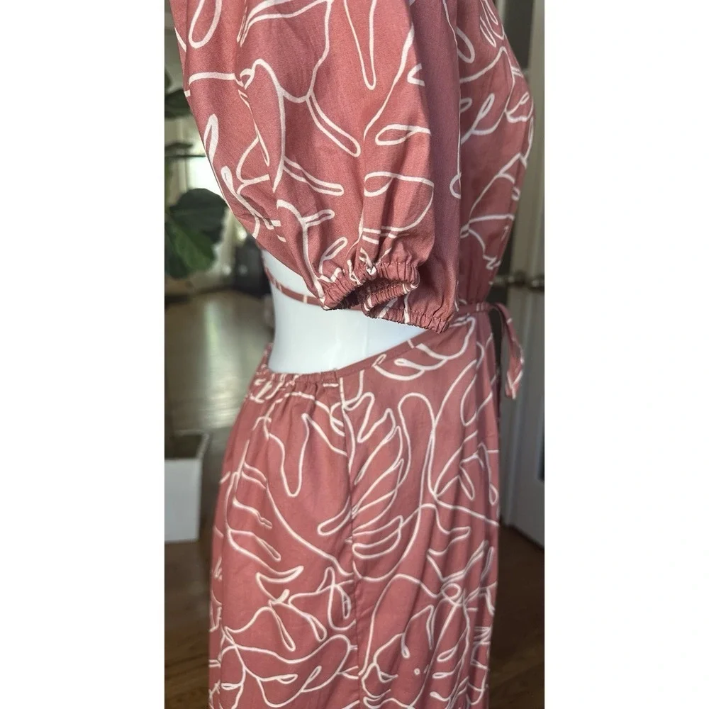 Lush Caramel Abstract Puff Sleeve Cutout Midi Dress Size M NWT 100% Cotton - Picture 6 of 12